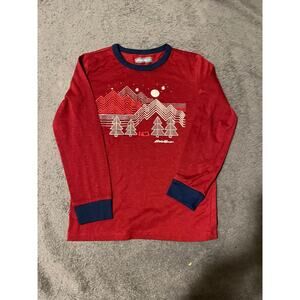 Eddie Bauer Shirt Kids S 7/8 Red Long Sleeve Mountain Trees Graphic Tee Outdoor